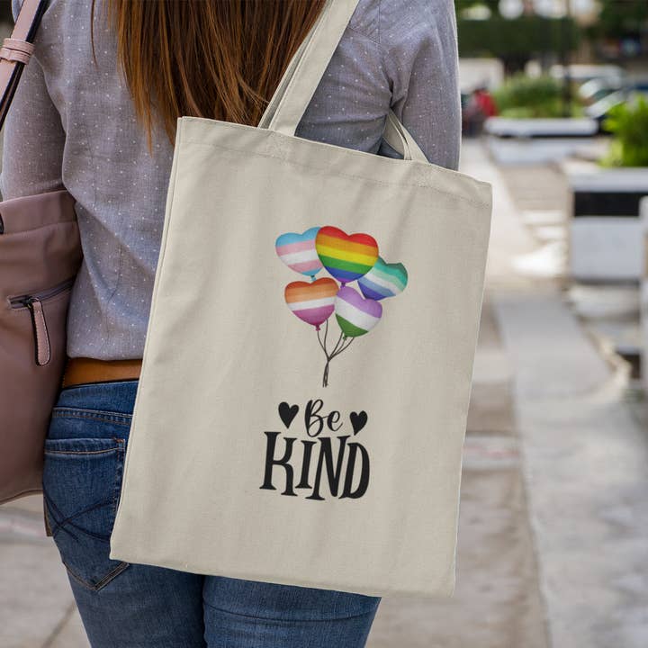 Rainbow Hearts "Be Kind" Cotton Canvas Tote Bag - Eco-Friendly Shopping, Pride, Everyday Use, Reusable Bags for wholesale by Happythings76