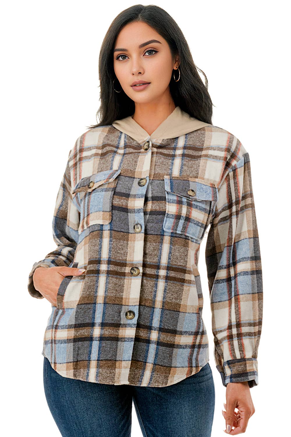 Color 5 - Vente Veste-chemise – femme - Veste en flanelle à carreaux bleu-blanc avec capuche et poches6