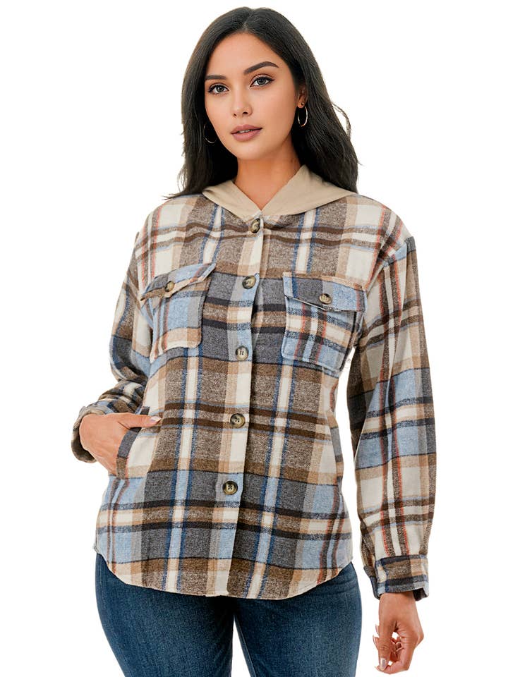 Color 5 - Vente Veste-chemise – femme - Veste en flanelle à carreaux bleu-blanc avec capuche et poches6