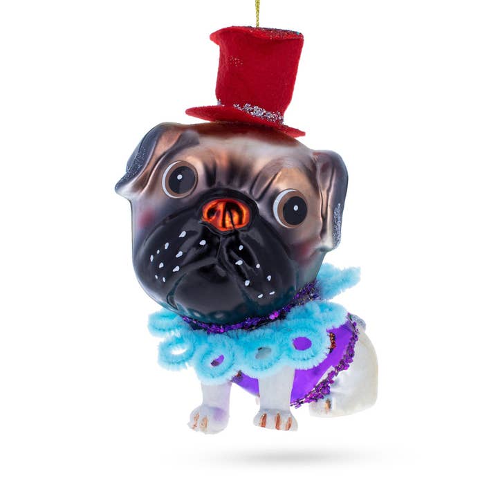 Pug in a Festive Red Hat Glass Ornament for wholesale by BestPysanky