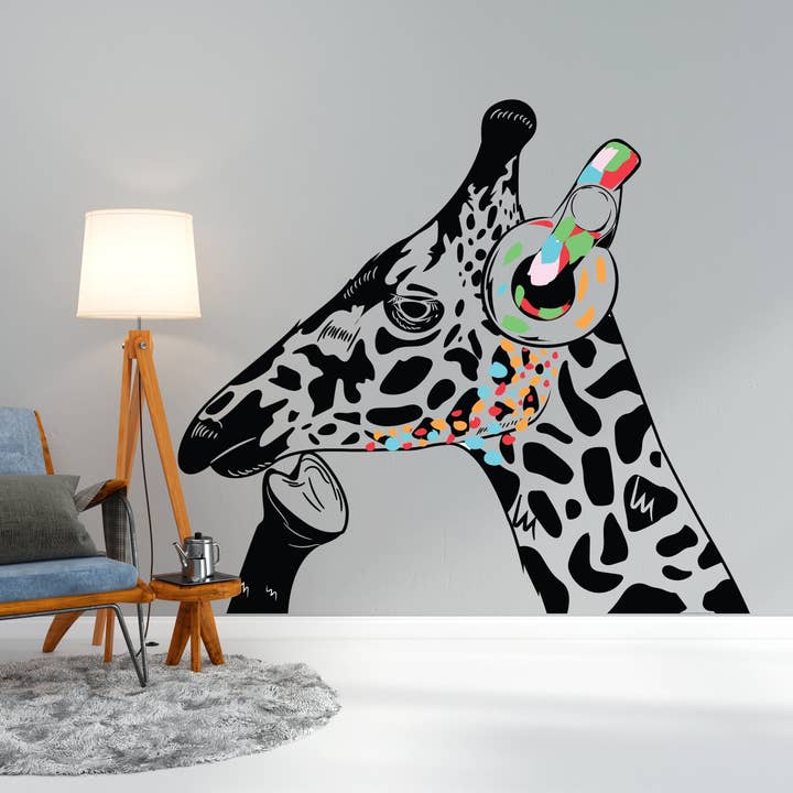 Autocollants « Girafe aux écouteurs » - Déco murale graffiti inspirée par Banksy pour la vente par Decords
