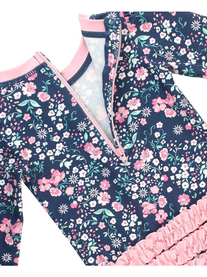 RuffleButts + RuggedButts - Wholesale Rashguard - Baby - Baby Girls Moonlit Meadow Long Sleeve One Piece Rash Guard Swimsuit with Signature Rear Ruffles
6