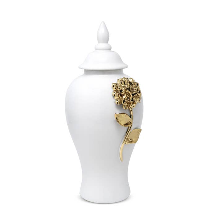 VIVIENCE - Wholesale Decorative Jar - White Ginger Jar With Gold Flower Detail