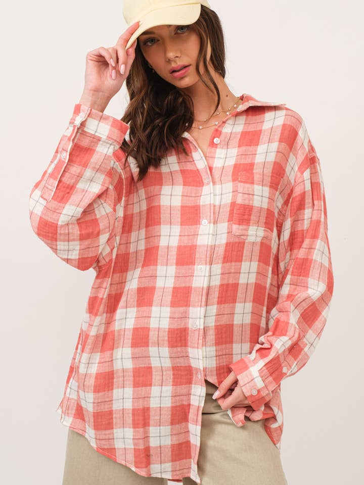 Red Oversized Checkered Flannel for wholesale by In The Beginning