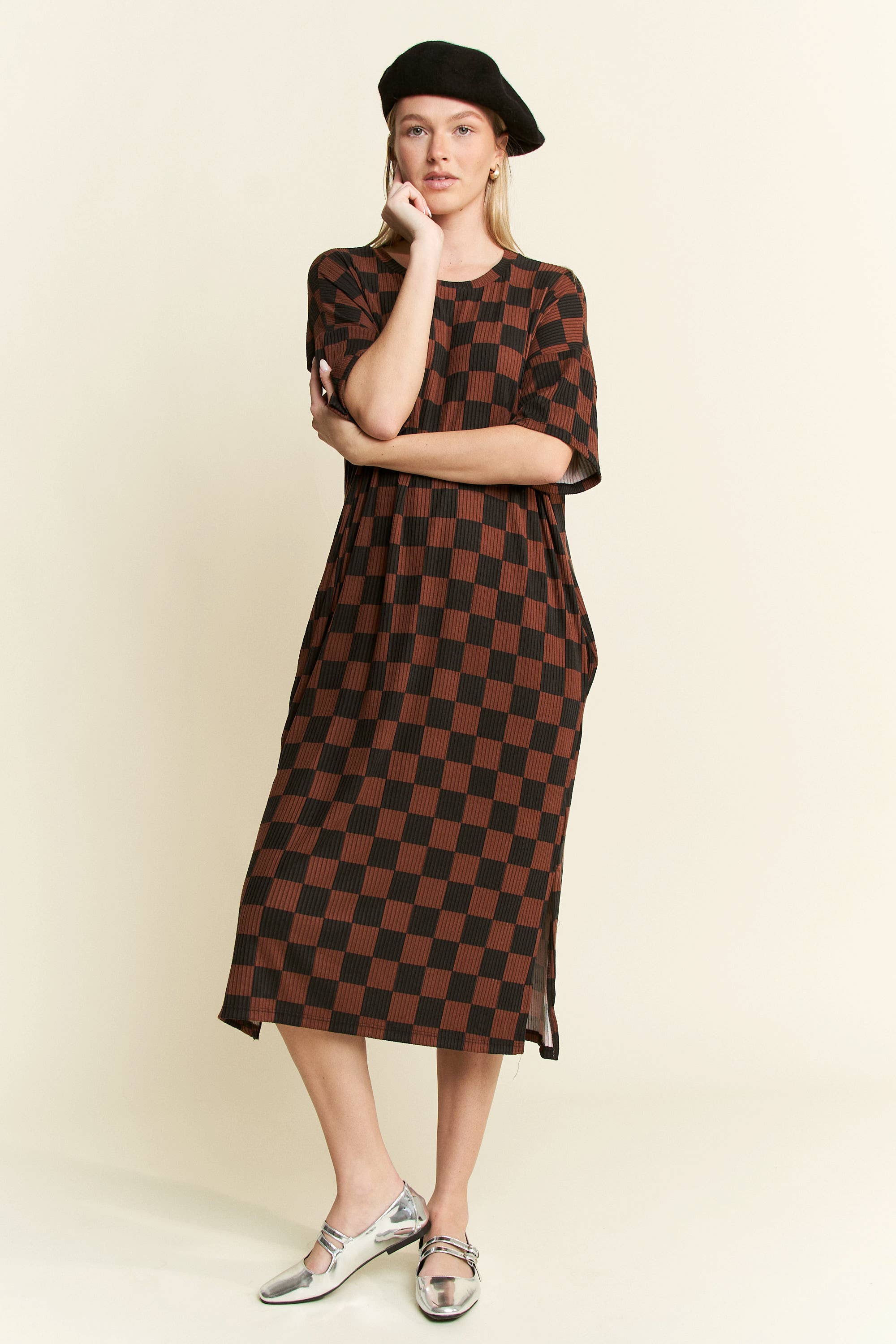 JADE BY JANE – wholesale Dress – Women's – 1/2 SLEEVE RIBBED CHECKERBOARD MIDI DRESS14