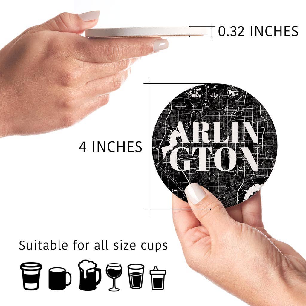 Love Local - Wholesale Coasters - Minimalistic B&W Texas Arlington Map | Absorbent Coasters | Set of 4 | Min 25