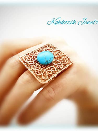 Copper and turquoise pearl adjustable ring for wholesale by Kokkozik Jewelry
