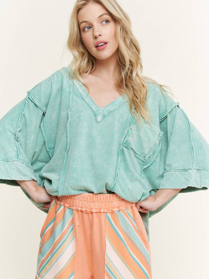 Mineral Wash Raw Detailed Vneck top HT5556N for wholesale by J.Her