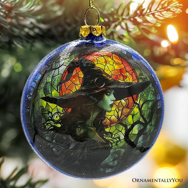 OrnamentallyYou - Wholesale Ornament - Witch and Black Cat Stained Glass Handblown Ornament