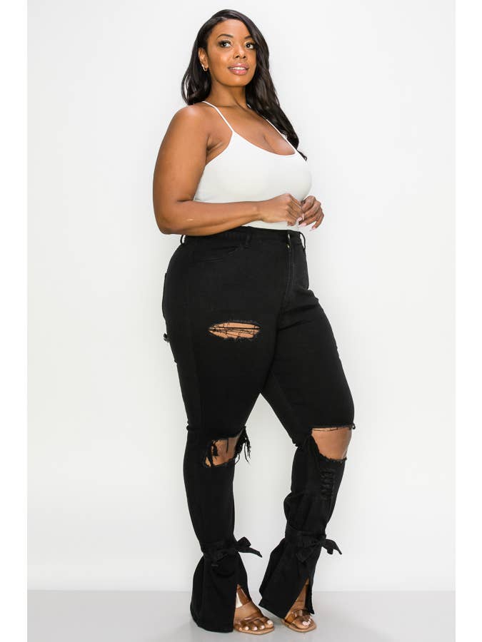 The Map Jeans - Vente Jean – femme - Jean évasé noir pour femme 8402P avec lien à nouer en bas6