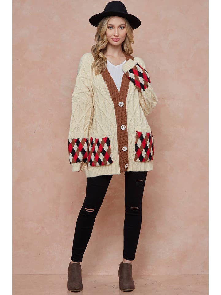 BNS - Vente Cardigan – femme - Cardigan en tricot à poches à motifs Argyle Beige