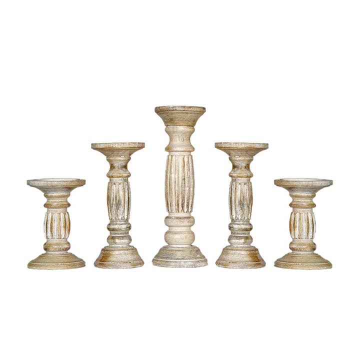 Antique White Mango Wood Set Of Five Pillar Candle Holder for wholesale by BBH Homes LLC