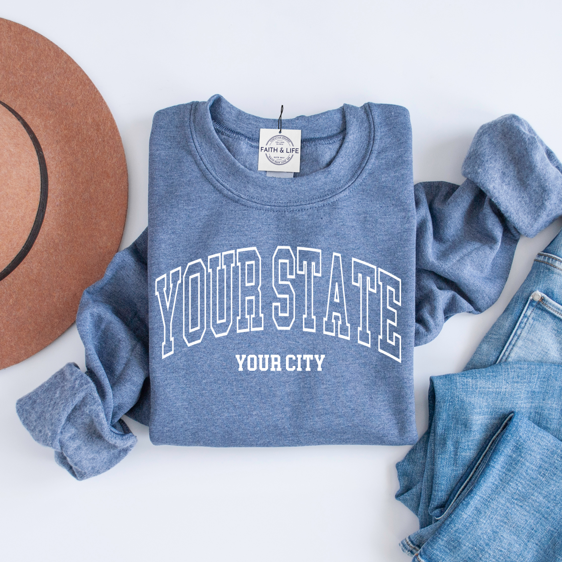 Faith & Life Christian Brands - Wholesale Graphic Sweatshirt - Women's - Custom City State or Text Personalized Crewneck Sweatshirt19