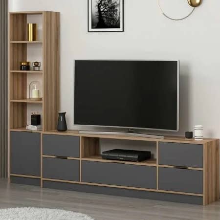 benjashop - Wholesale Console Table - Elina Set 6 TV Unit + 1K Bookshelf - Gold/Anthracite