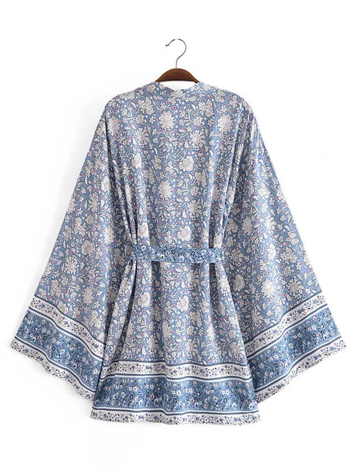 Vestido de praia com estampa folha azul cor azul algodão de comprimento curto Quimono Robe Duster por atacado de StyleGalX