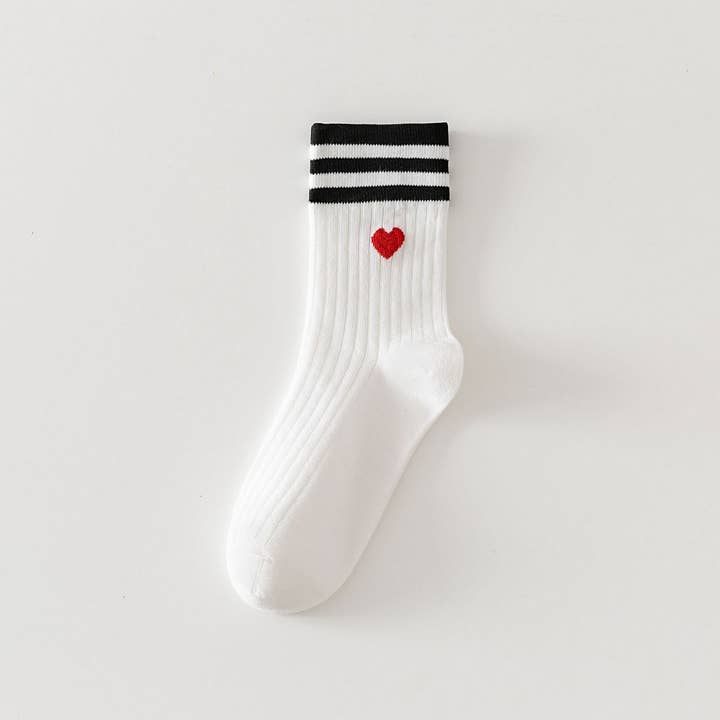 ACCITY - Wholesale Socks - Women's - College Style Heart, Two Stripes Print Crew Socks_CWMS09002