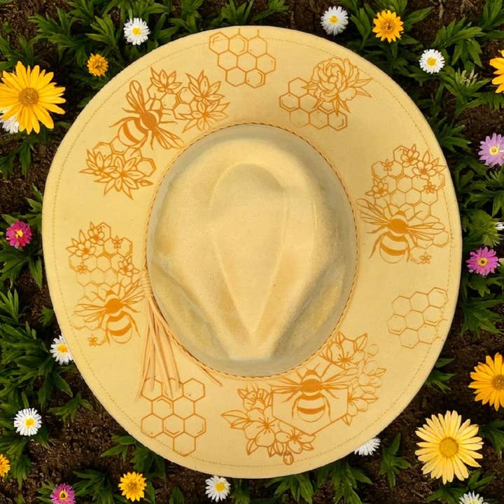 Honey Bee Engraved Fedora Vegan Suede Hat, Floral Wide Brim for wholesale by The Kustom Edge