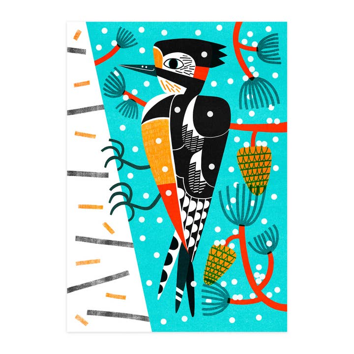 Postkort "Stor flagspætte i sneen" for engroshandel hos paruspaper. nutzfeine papeterie