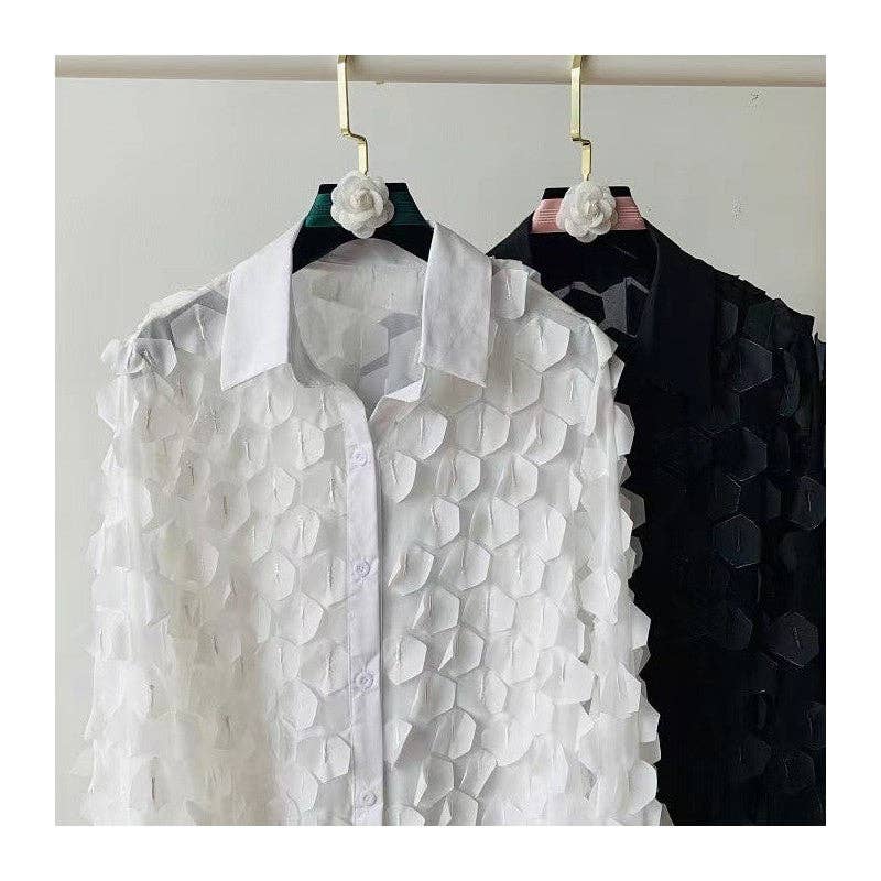 UZ Wholesale Store – Engroshandel Skjorte med buttondown – til kvinder – Løstsiddende kronbladformet chiffonmesh-skjorte2