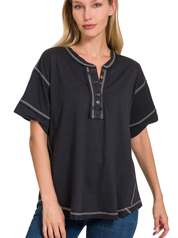 Raw Edge Detailed Button Closure Short Sleeve Top for wholesale by Vanilla Monkey