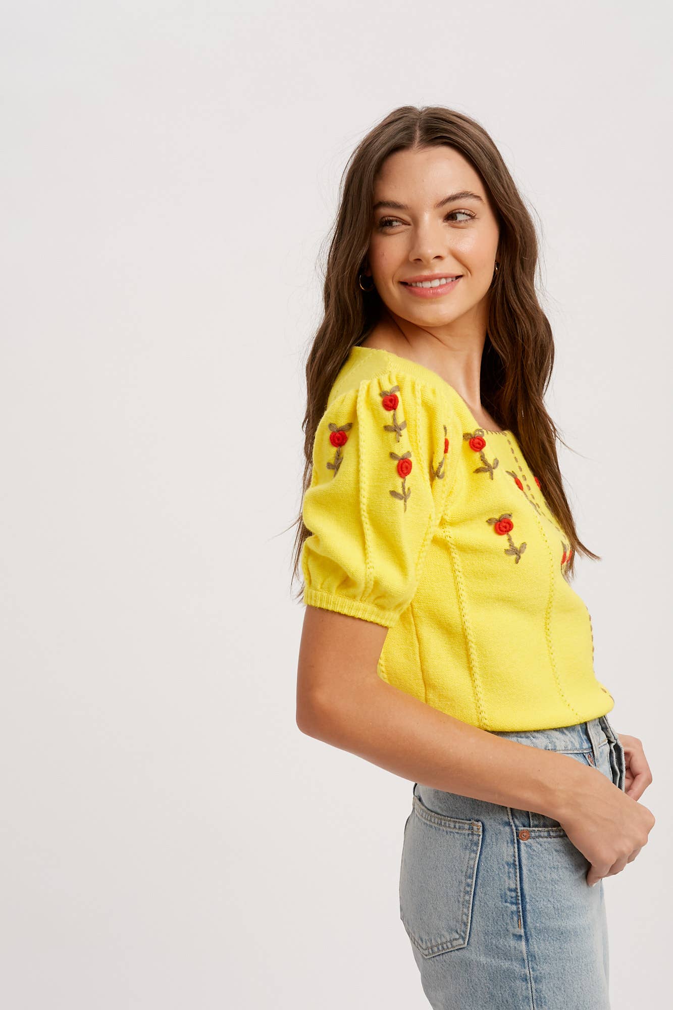 Gelb Besticktes Strickoberteil mit Puffärmeln LSW0677 für den Großhandel auf Faire3