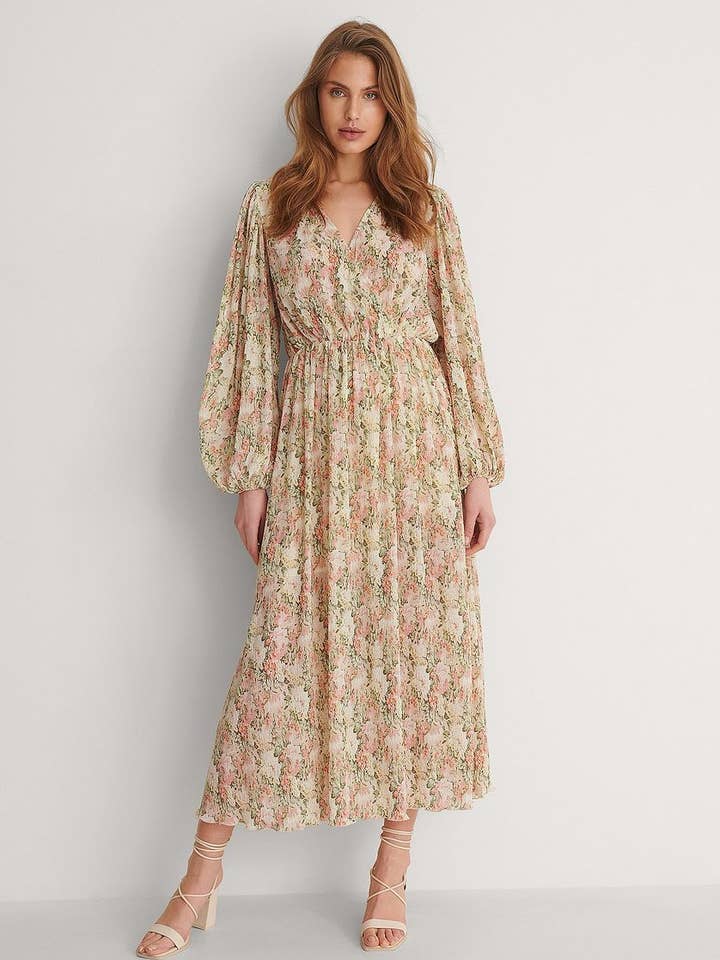 Green Chiffon Balloon Sleeve Overlap Structured Dress for wholesale by STYLE INSTANT