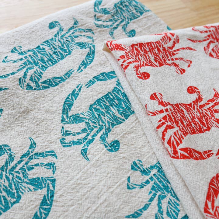 The High Fiber - Wholesale Tea Towel - Crab Handprinted Kitchen Towel, Coastal Tea Towel, Blue Crab4