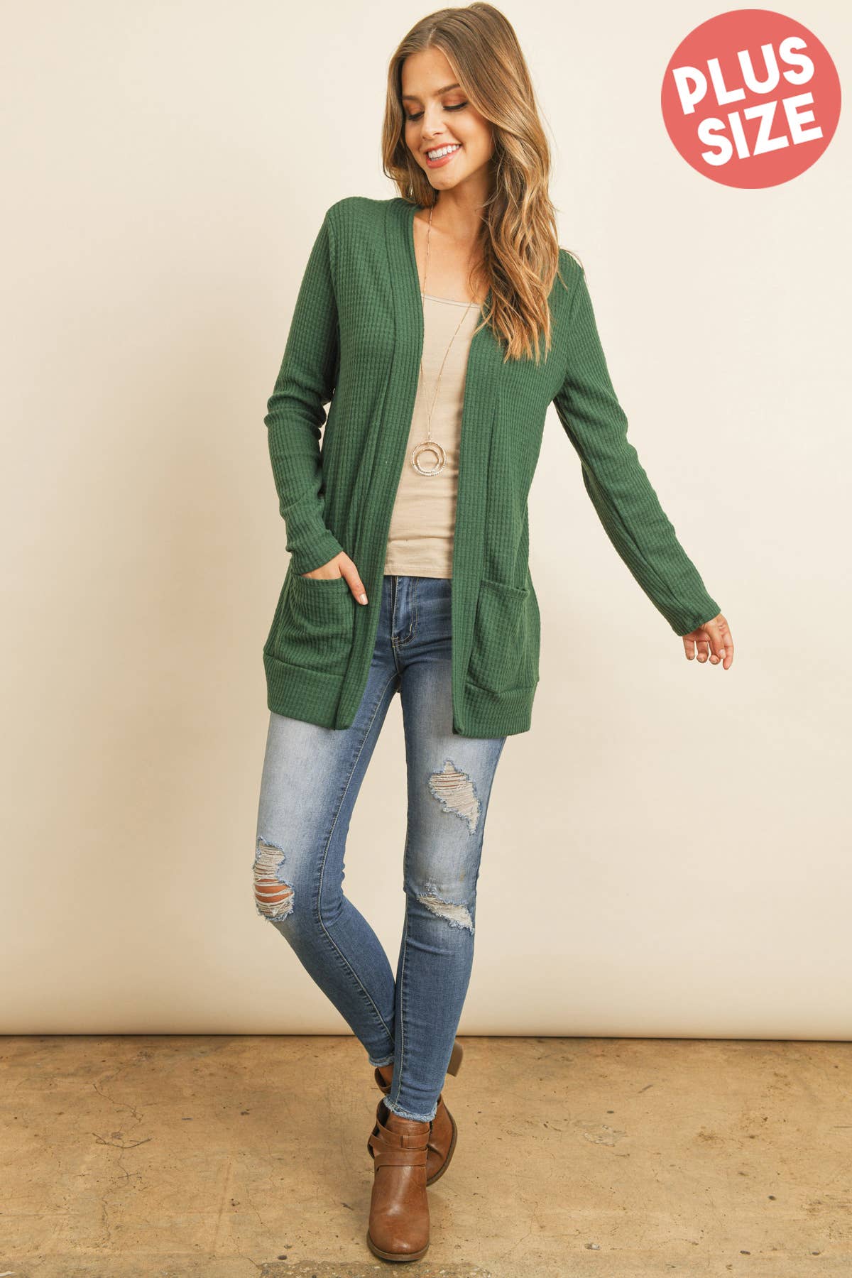 You & Me - Wholesale Cardigan - Women's - PLUS SIZE BRUSHED WAFFLE LONG SLEEVE SIDE POCKET OPEN FRONT12