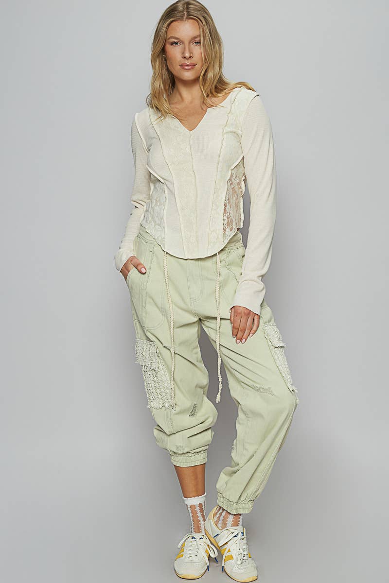 Pol Clothing - Wholesale Jeans - Women's - Tie waistband contrast crochet cargo pockets denim joggers15