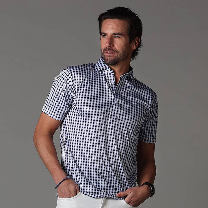 Collars & Co. - Wholesale Polo - Men's - Semi-Spread Collar Polo Black Gingham4