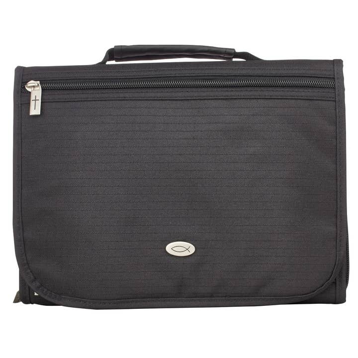 Bible Cover Organizer Tri-fold Black Polyester Ichthus Badge for wholesale by Christian Art Gifts