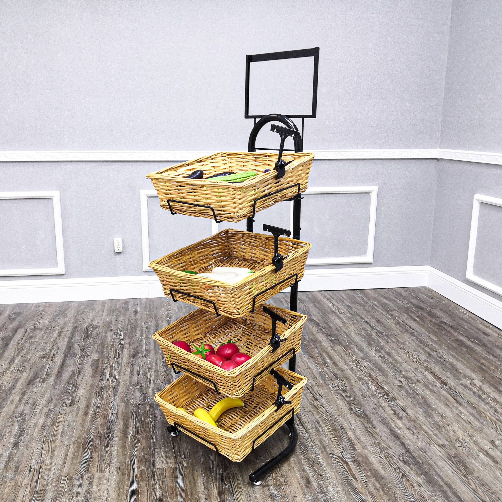 FIXTUREDISPLAYS - Wholesale Retailer Display Stand/Case - 4 Tier Basket Stand, Sign Clips, Wicker - Black 120006-NEW2