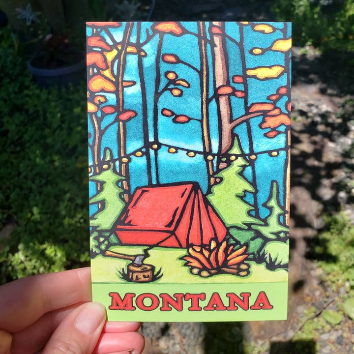 Postcard - Montana Tent Camping for wholesale by Sarah Angst Art