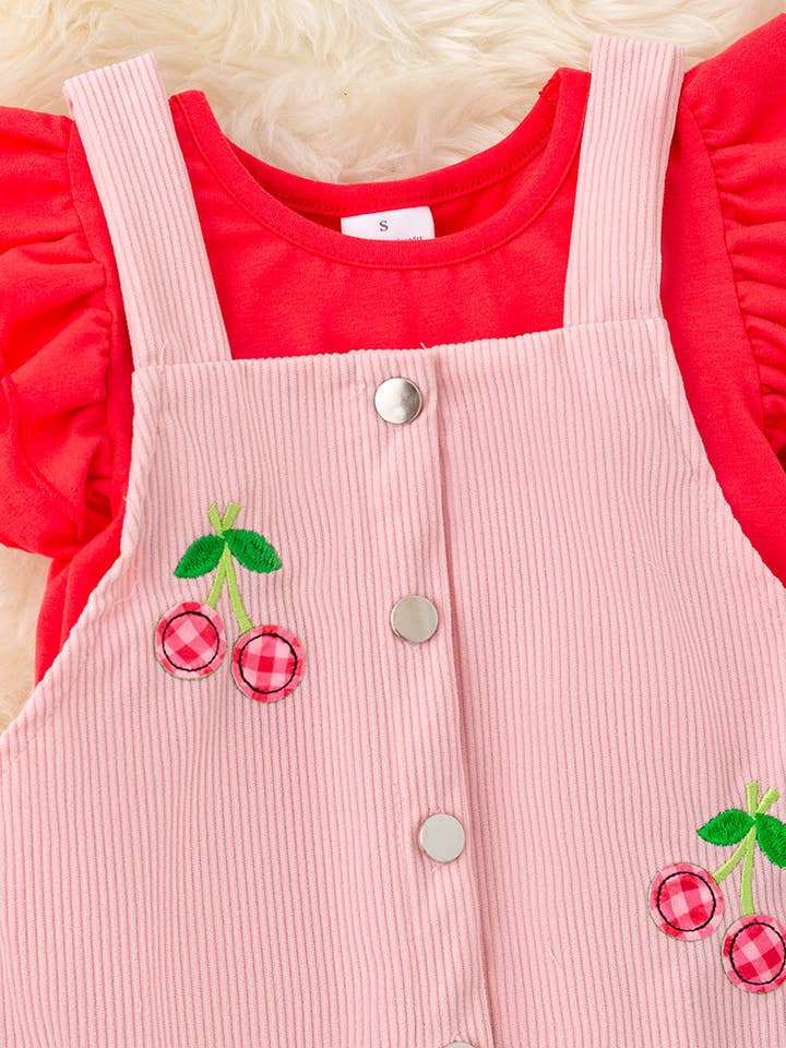 Kids Charm Online - Wholesale Dress - Kids - Plaid cherry applique on pink corduroy dress & red under shirt. OFG50395 JEA
