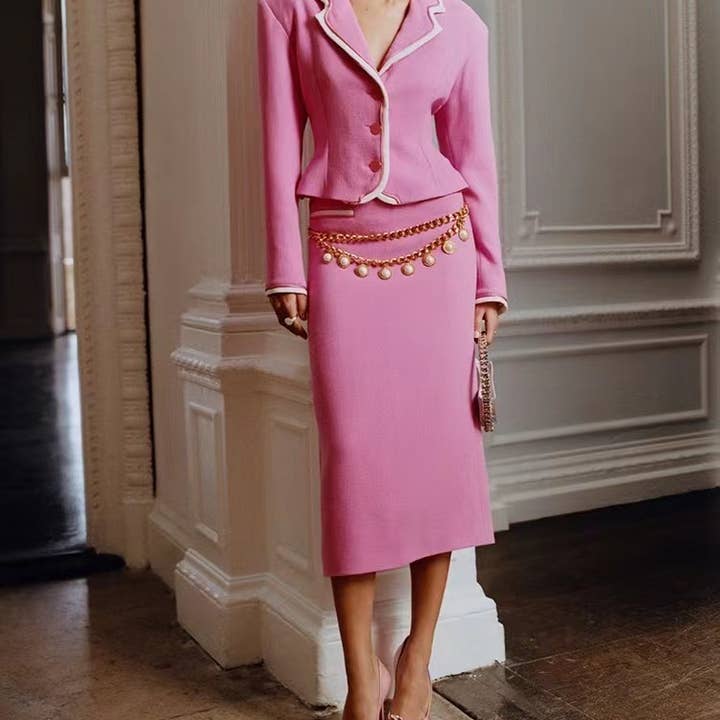 SET7-9Y Elegant Pink & White Trimmed Suit Set for wholesale by Productseeker