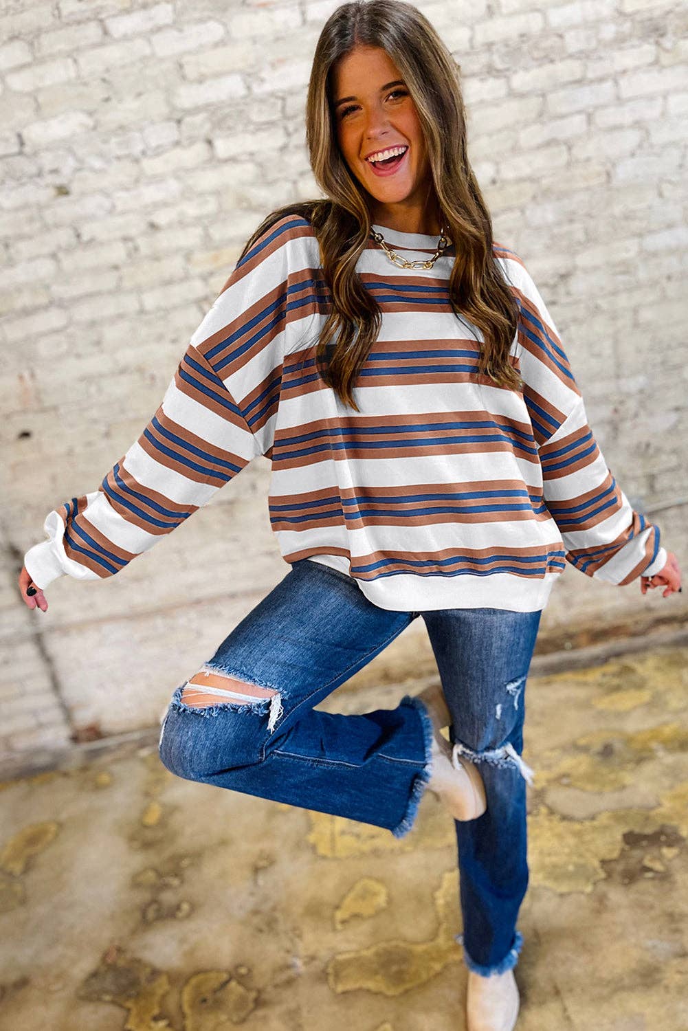 Lovesoft - Wholesale Sweatshirt - Women's - Khaki Stripe Crew Neck Drop Shoulder Pullover Sweatshirt6