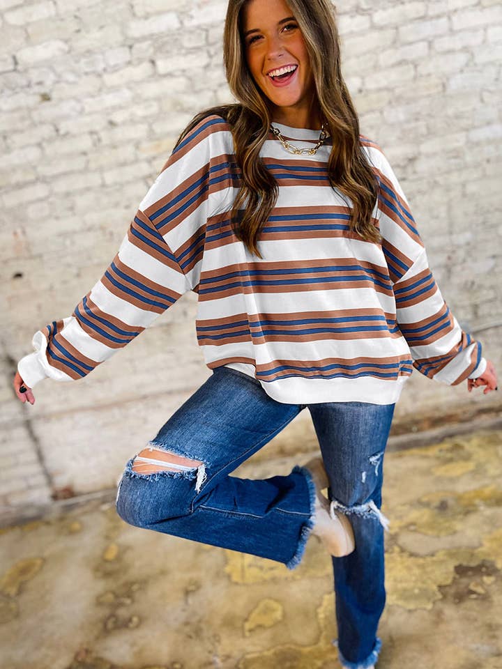 Lovesoft - Wholesale Sweatshirt - Women's - Khaki Stripe Crew Neck Drop Shoulder Pullover Sweatshirt6