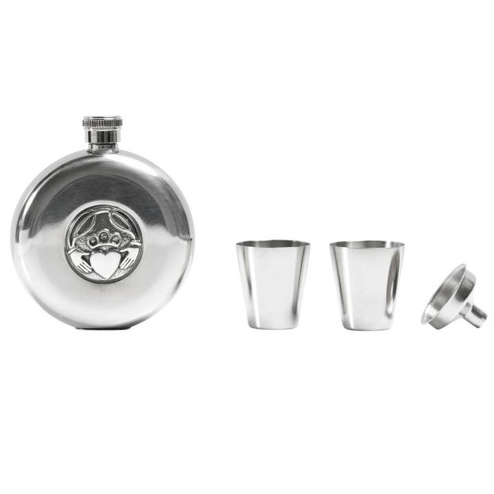 5oz Stainless Steel Hip Flask Set - Claddagh - Polished/Matt Finish for wholesale by The Scotland Kilt Company