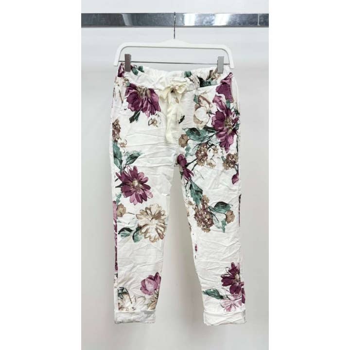 GARDEN FLORAL PRINT DRAWSTRING CRINKLE JOGGERS (50175-GARDE) for wholesale by VENTI6