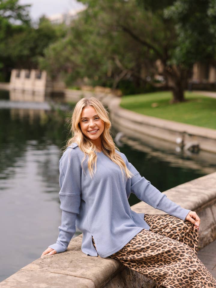 Waffle Knit Top, Blue for wholesale by GRACE+EMMA by Southern Grace