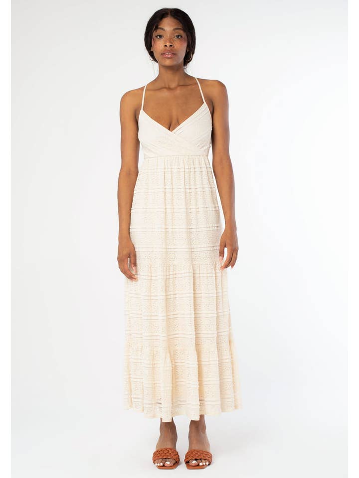 Lovestitch - Wholesale Dress - Women's - Cross Back Surplice Tiered Lace Maxi Dress