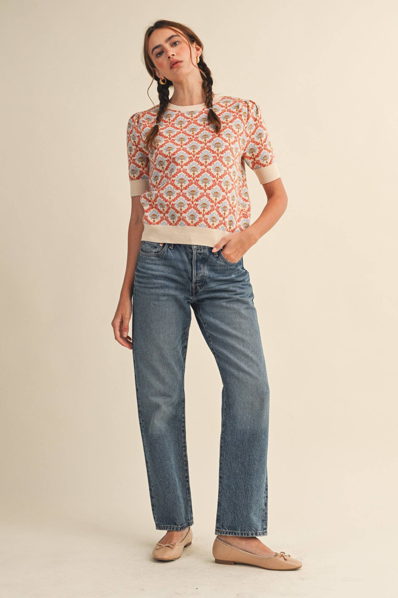 &MERCI - Wholesale Knit Sweater - Women's - FLORAL PATTERN SHORT SLEEVE SWEATER MSW1086054