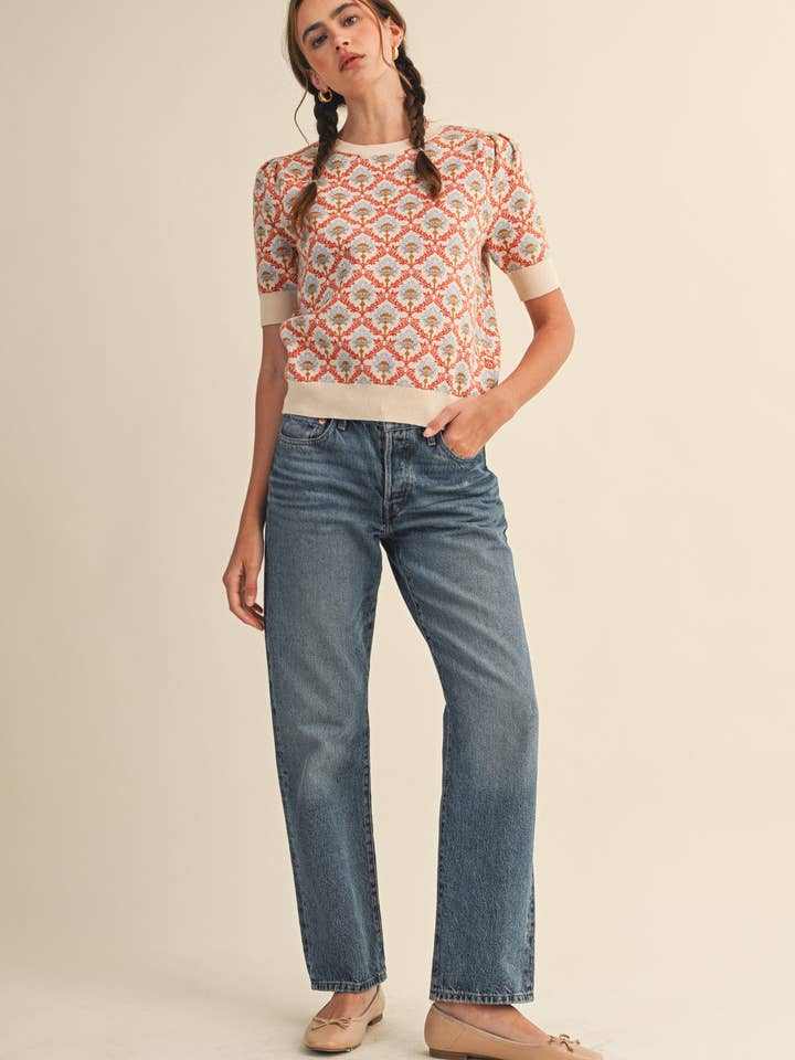 &MERCI - Wholesale Knit Sweater - Women's - FLORAL PATTERN SHORT SLEEVE SWEATER MSW1086054