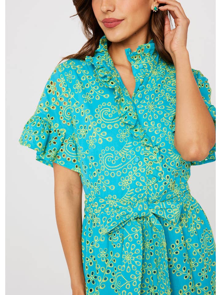 Sadie Maxi Dress Teal and Chartreuse Jasmine Eyelet for wholesale on Faire1
