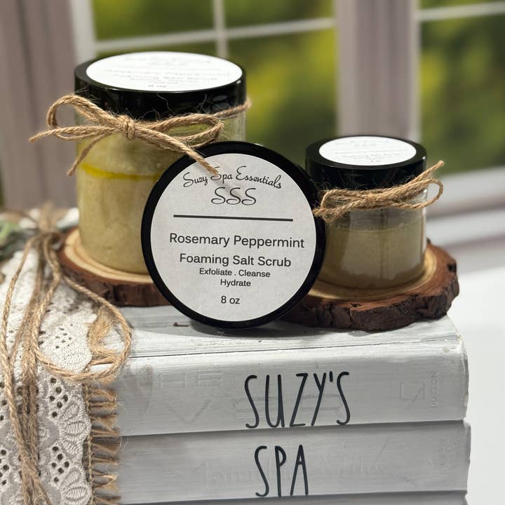 Rosemary Peppermint Foaming Salt Scrub – 8 oz Jar for wholesale by Suzy Spa Essentials