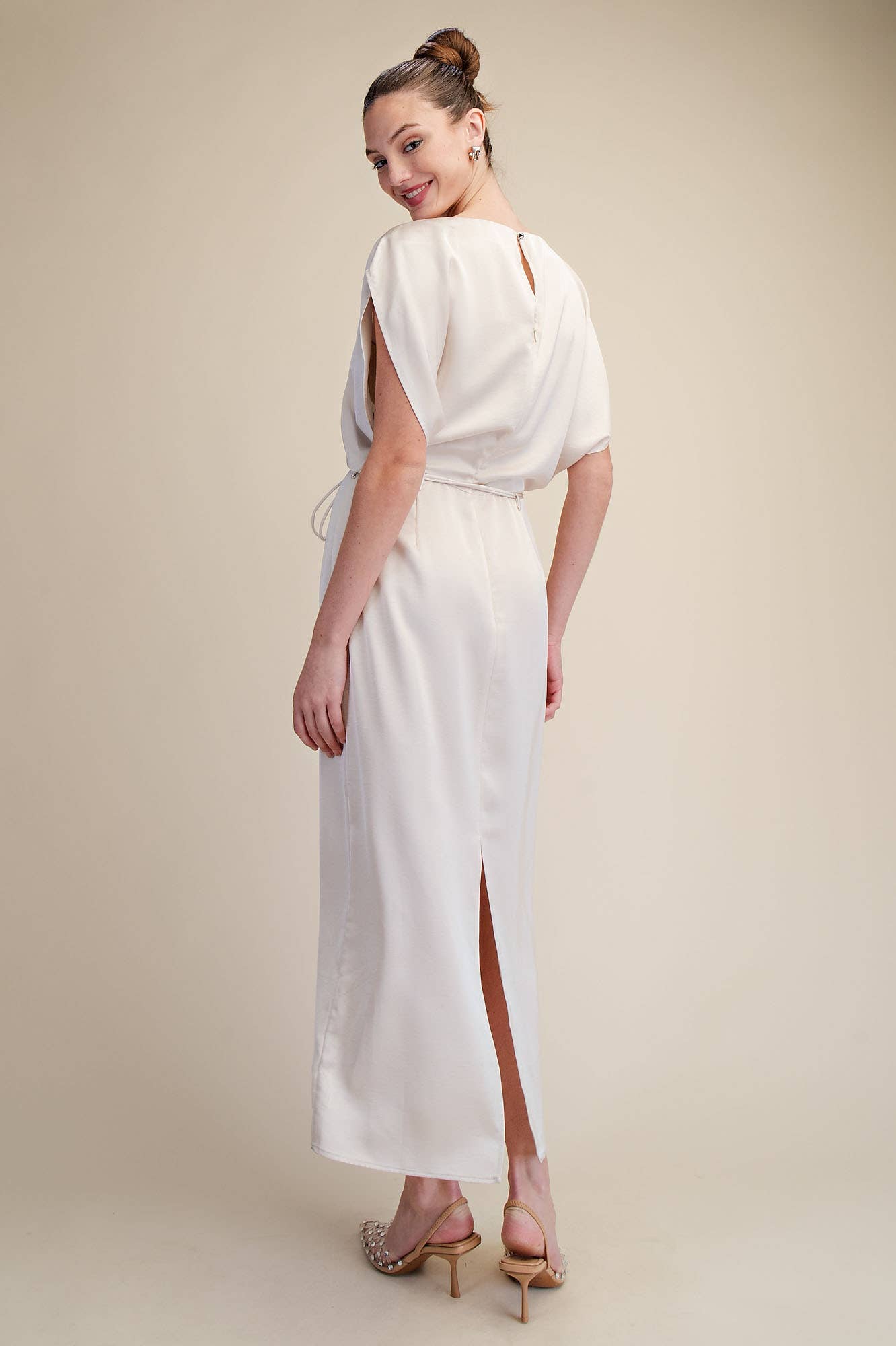 Glam - Wholesale Dress - Women's - Round Neck Waist Tie Back Slit Midi Dress12