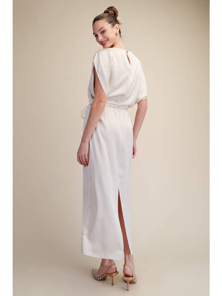 Glam - Wholesale Dress - Women's - Round Neck Waist Tie Back Slit Midi Dress12