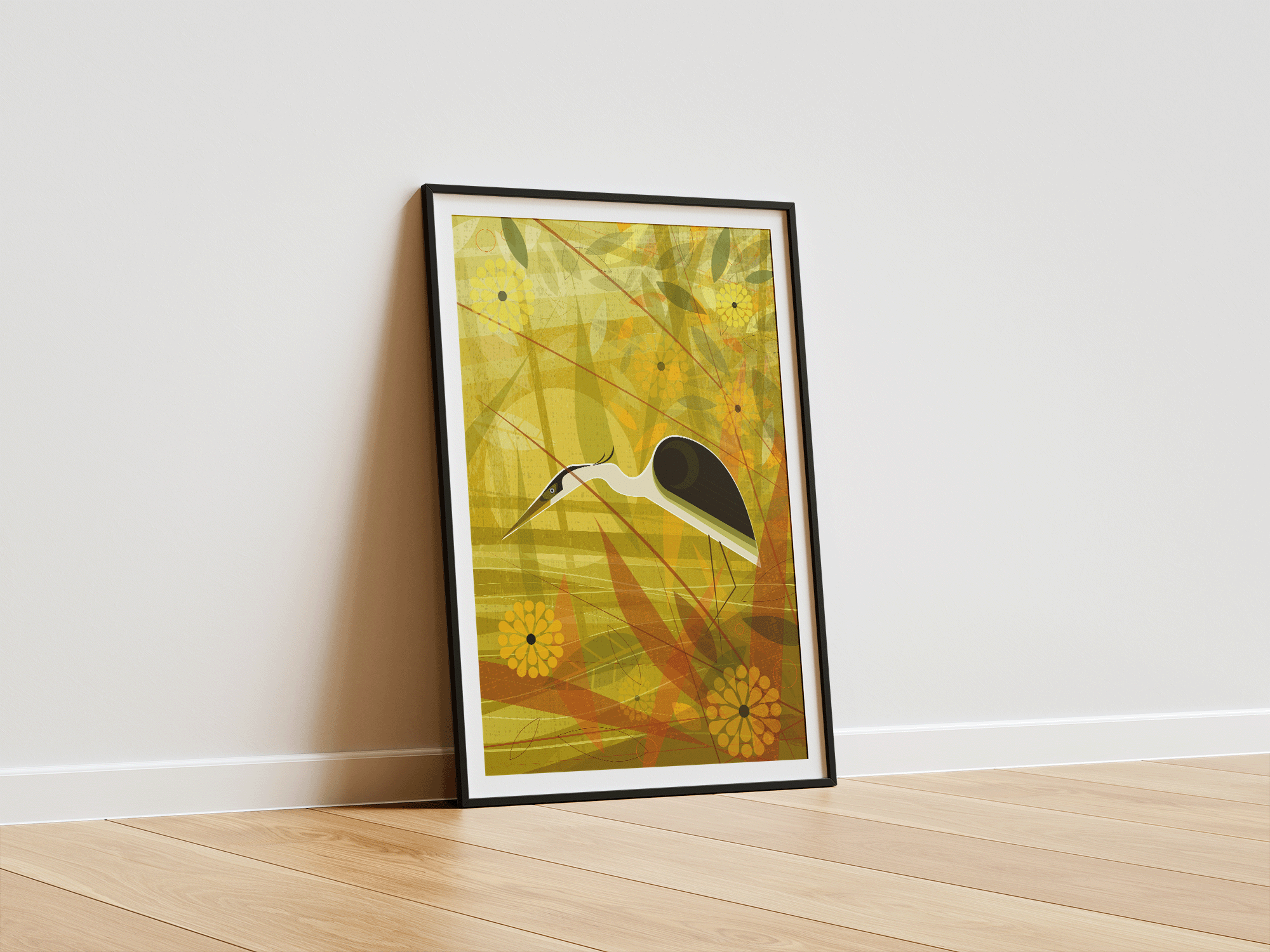 Mr Watson Design – wholesale Art print – Heron hunting by the lake  - Retro print1