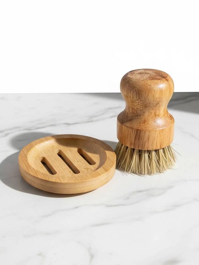 Wood Dish Scrub Brush with Holder, Natural Fiber Kitchen Scrubber, Wooden Soap Dish & Brush Stand, Plastic Free Kitchen Cleaning Set for wholesale by Butterfly&Bee