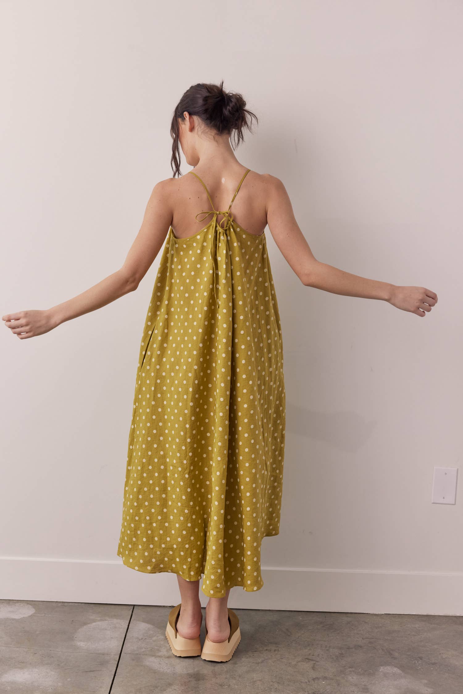 Moss Linen Polka dot back tie ankle dress for wholesale on Faire8